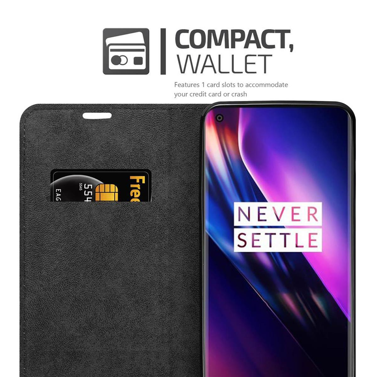 Schwarze Handyhülle mit Telefon. Die Hülle hat einen Kartenschlitz. Das Telefon hat einen bunten Bildschirm.