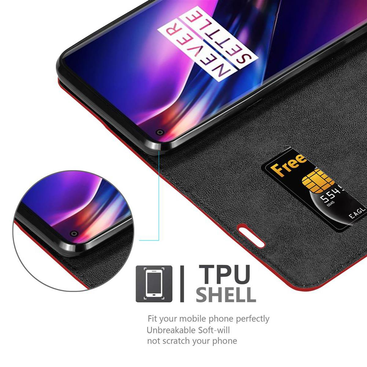 Handyhülle mit Telefon und Karte. Schwarze Hülle mit roter Zierleiste. Never Settle Telefon.