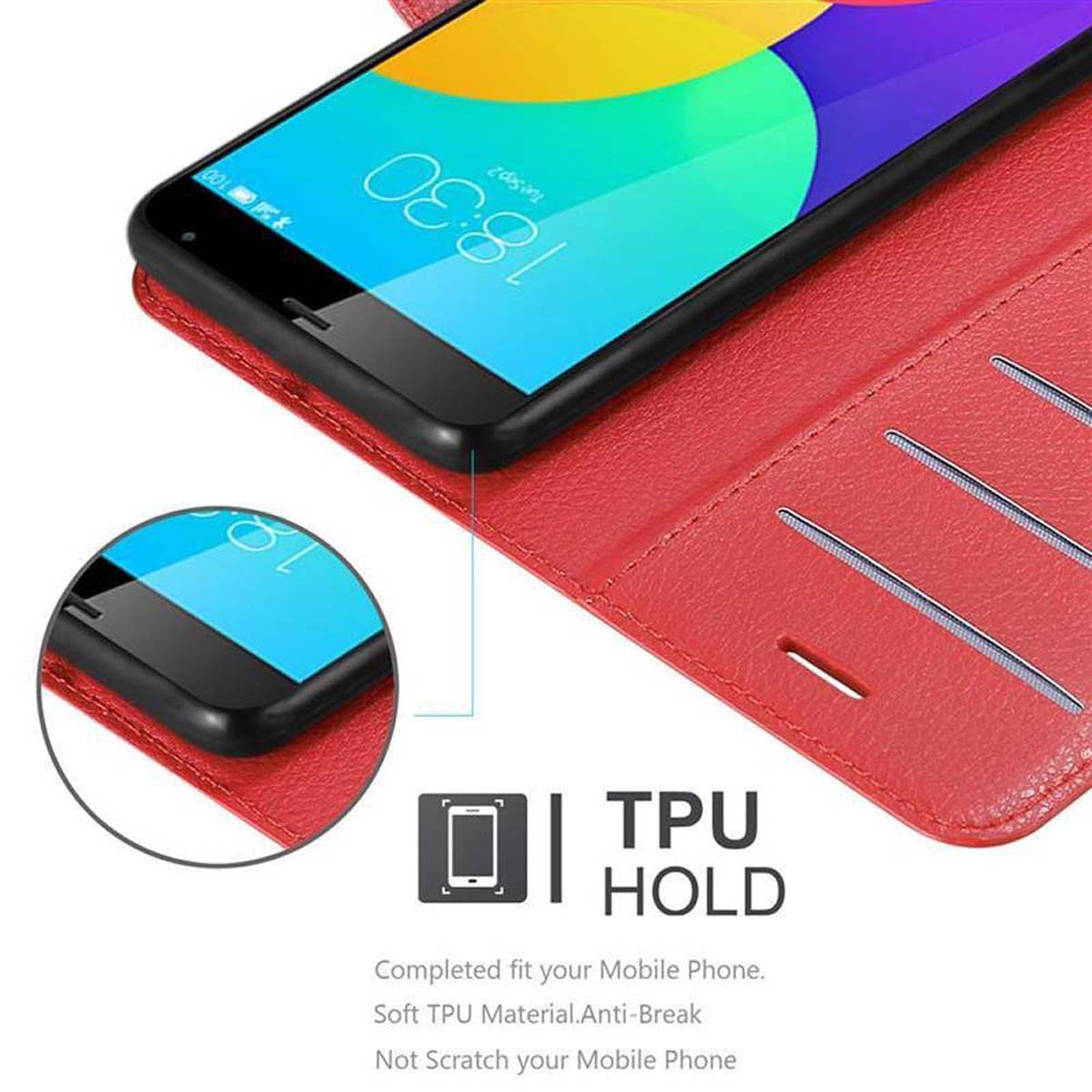 Primo piano di una custodia rossa con telefono. Il telefono mostra l'ora.