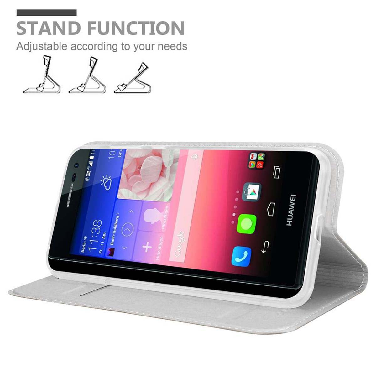 Teléfono blanco en funda plegable blanca, abierto. El teléfono muestra la pantalla de inicio con aplicaciones.