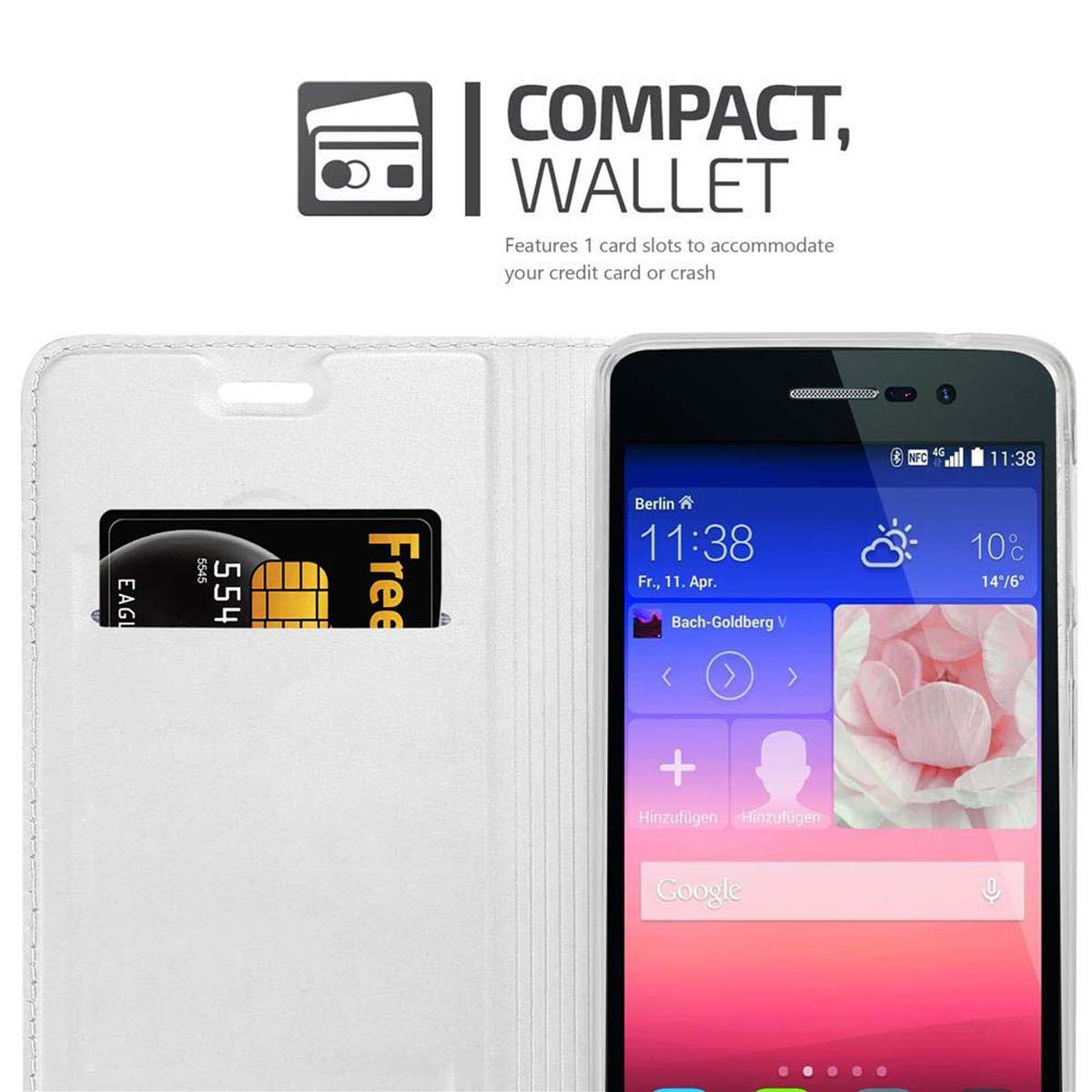 Funda blanca para teléfono con ranura para tarjeta y tarjeta de crédito, con etiqueta de cartera compacta.
