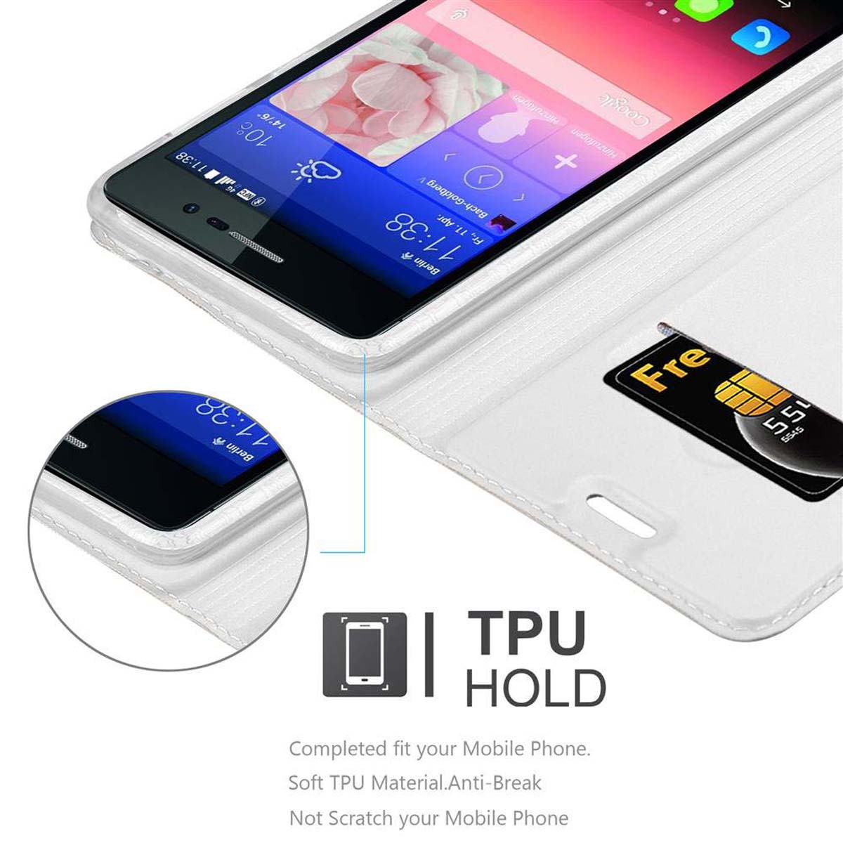 Una funda de cartera blanca con un teléfono dentro. Una tarjeta de crédito es visible. El texto dice TPU Hold.