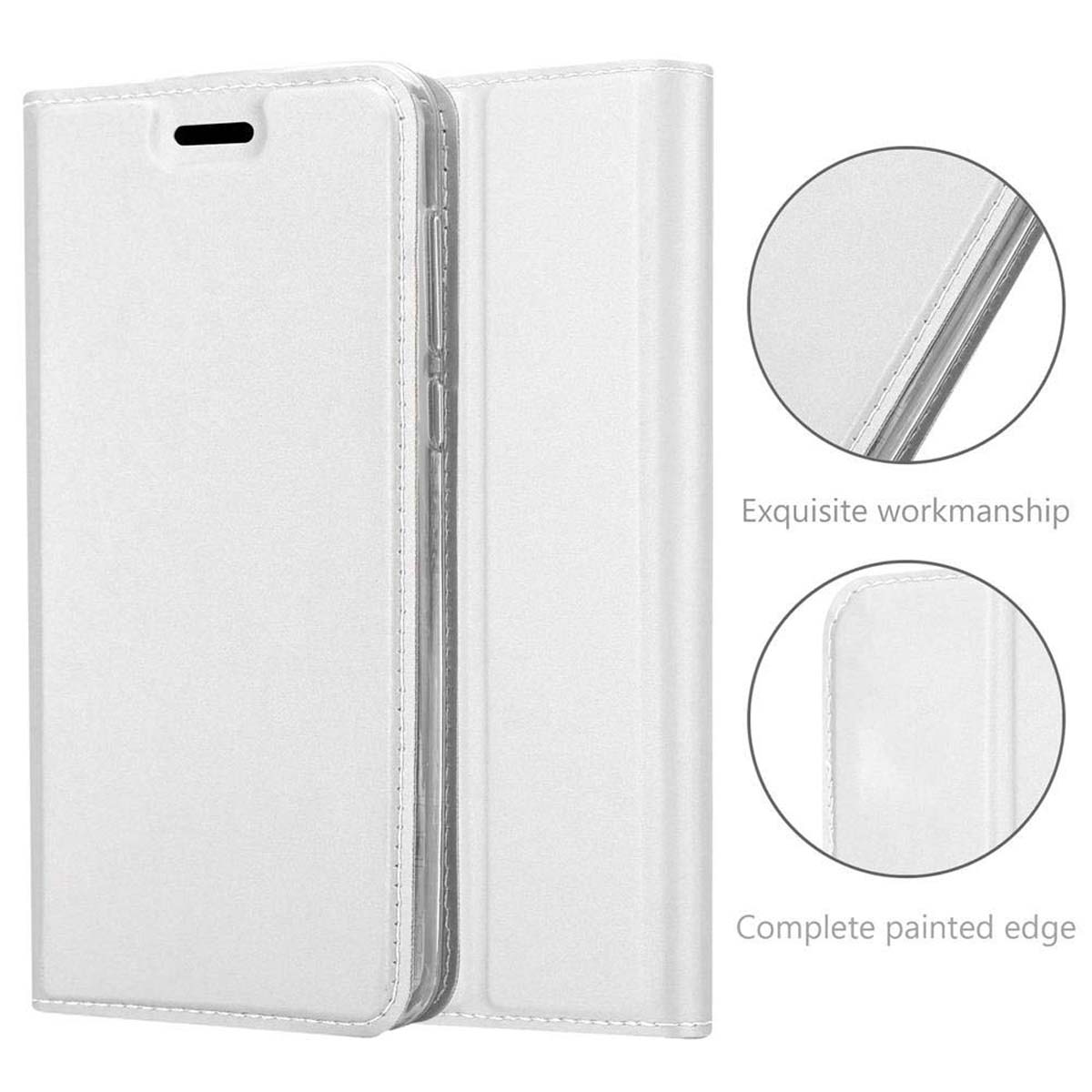 Una funda de teléfono blanca, abierta. Se proporcionan detalles de la funda y un primer plano de los bordes.
