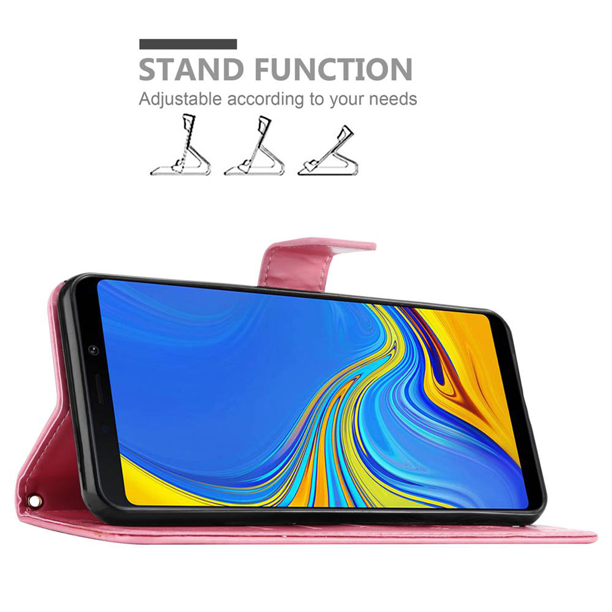 Una custodia per telefono rosa che tiene un telefono con uno schermo luminoso e colorato su uno sfondo bianco.