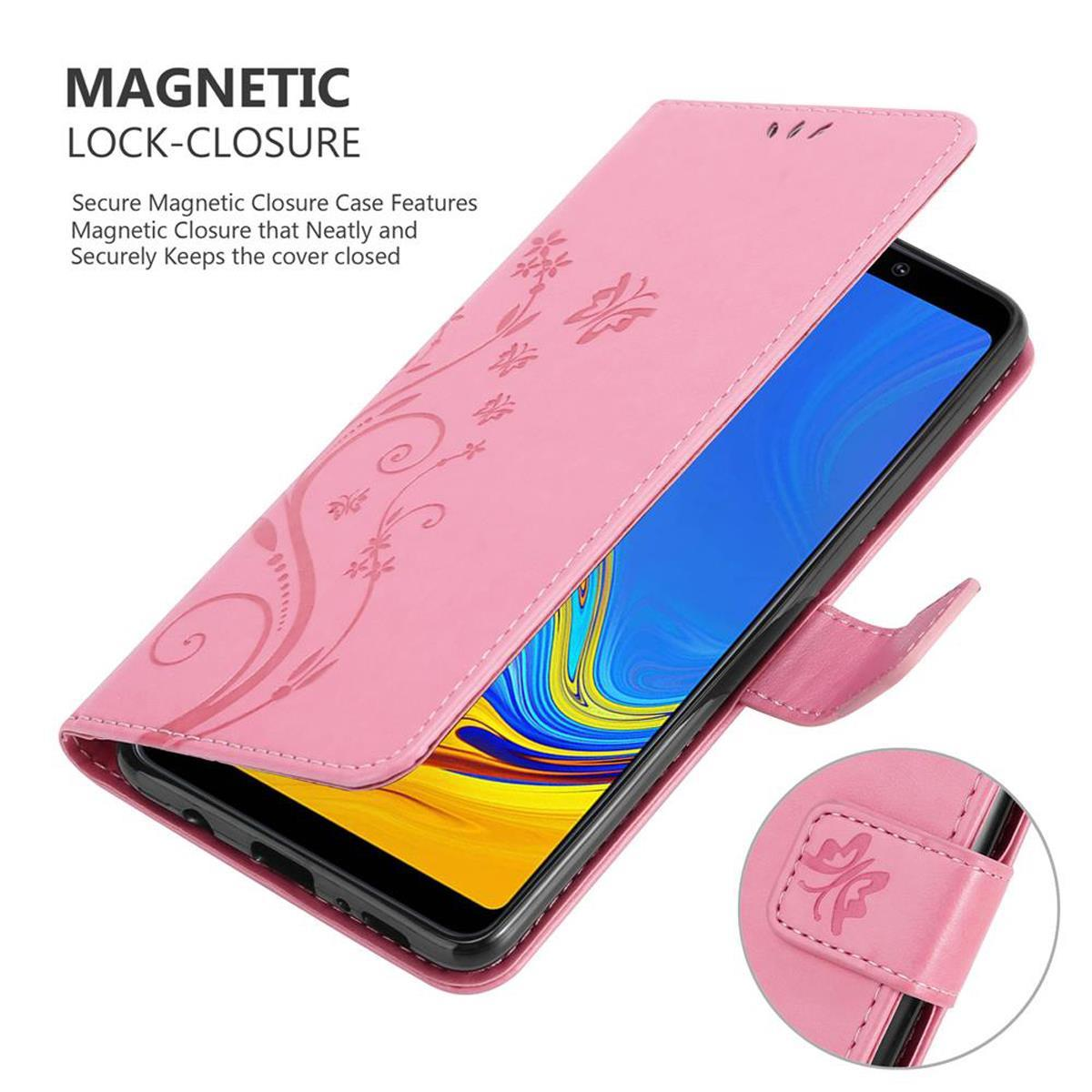 Custodia per telefono rosa con dettagli floreali e chiusura magnetica. Testo: MAGNETIC LOCK-CLOSURE.