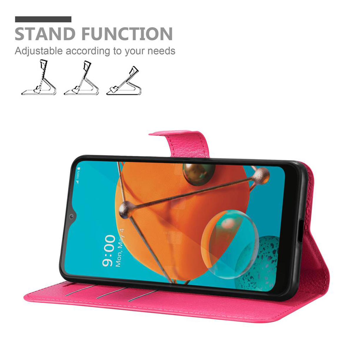Custodia per telefono rosa con telefono all'interno, in posizione stand. Funzione stand mostrata. Sfondo bianco.
