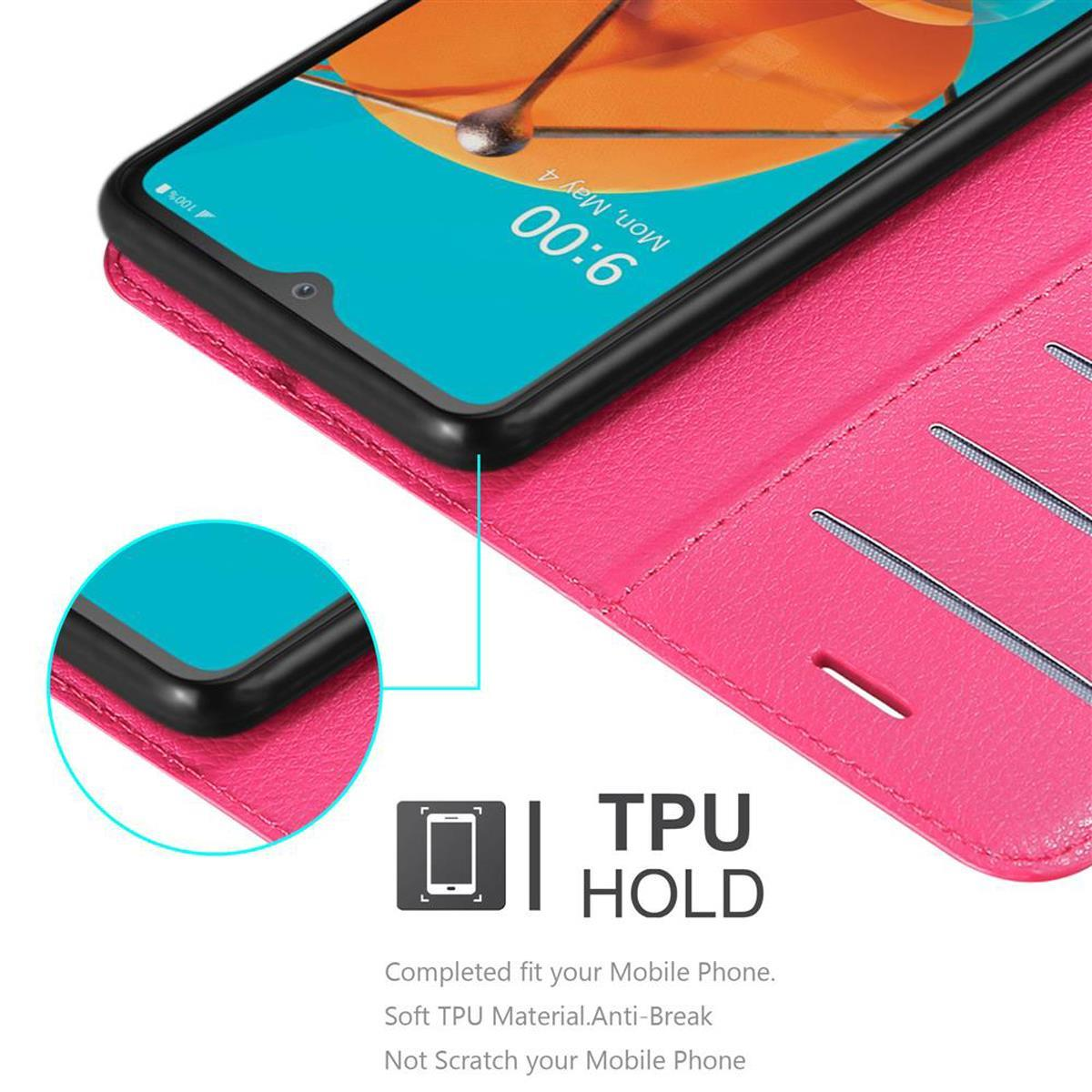 Custodia rosa con telefono. Ora 9:00, lunedì 4 maggio. Logo TPU HOLD in basso.