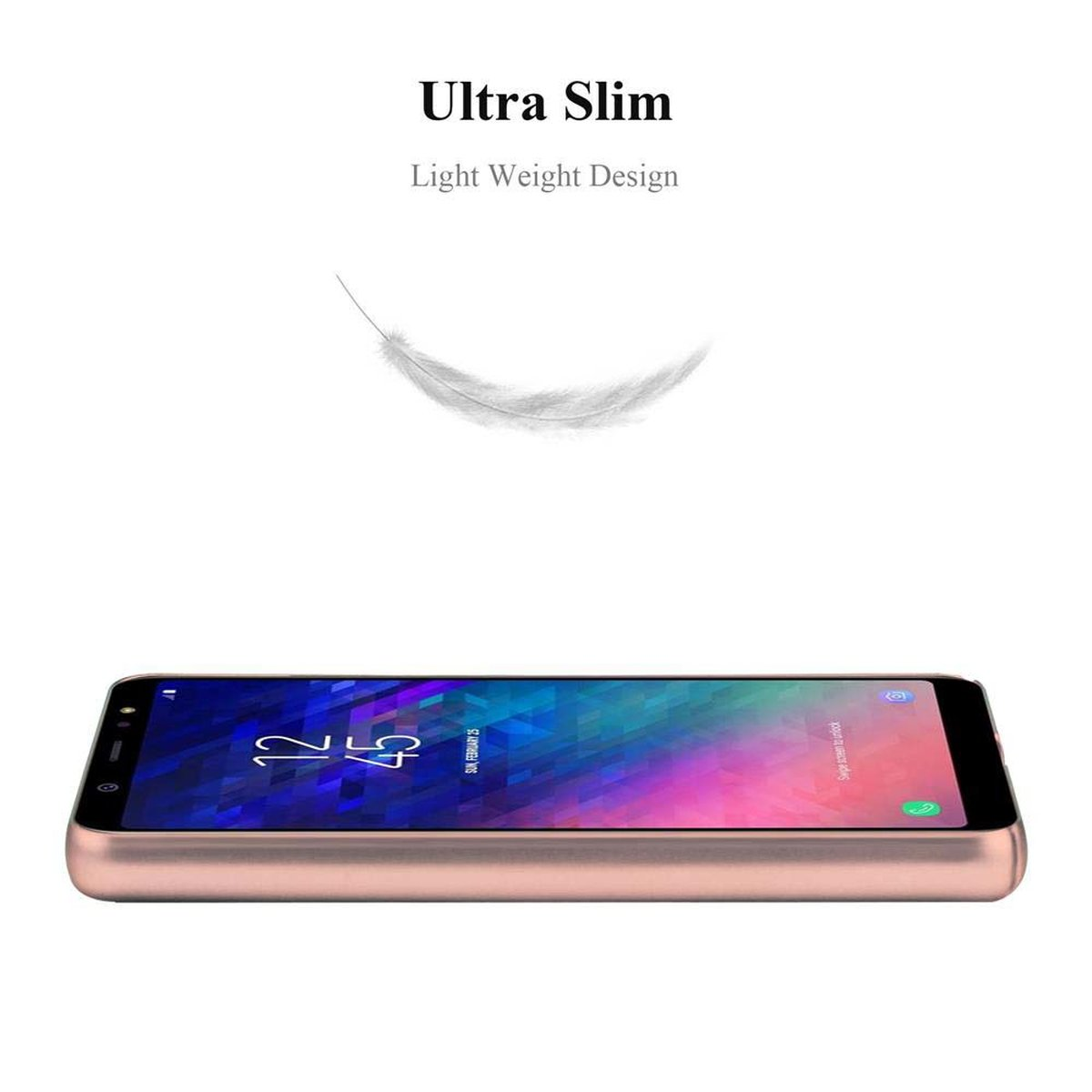 Ein Telefon auf weißem Hintergrund. Der Text lautet 'Ultra Slim Light Weight Design' und eine Federgrafik.