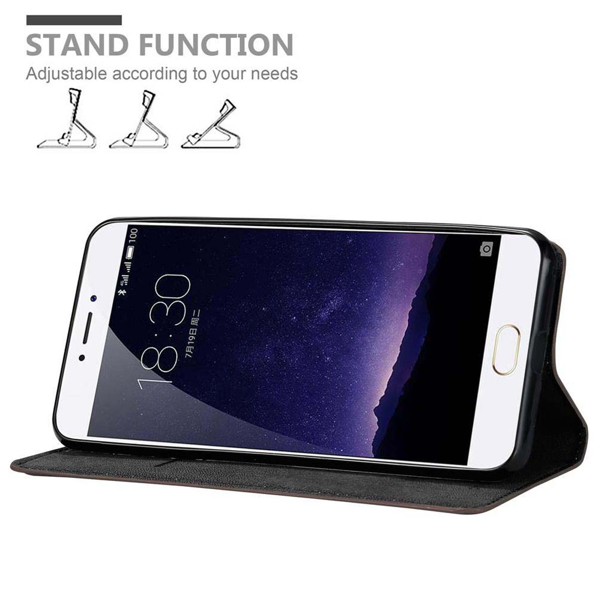 Smartphone in schwarzem Etui, geöffnet, Bildschirm sichtbar, mit Standfunktion.