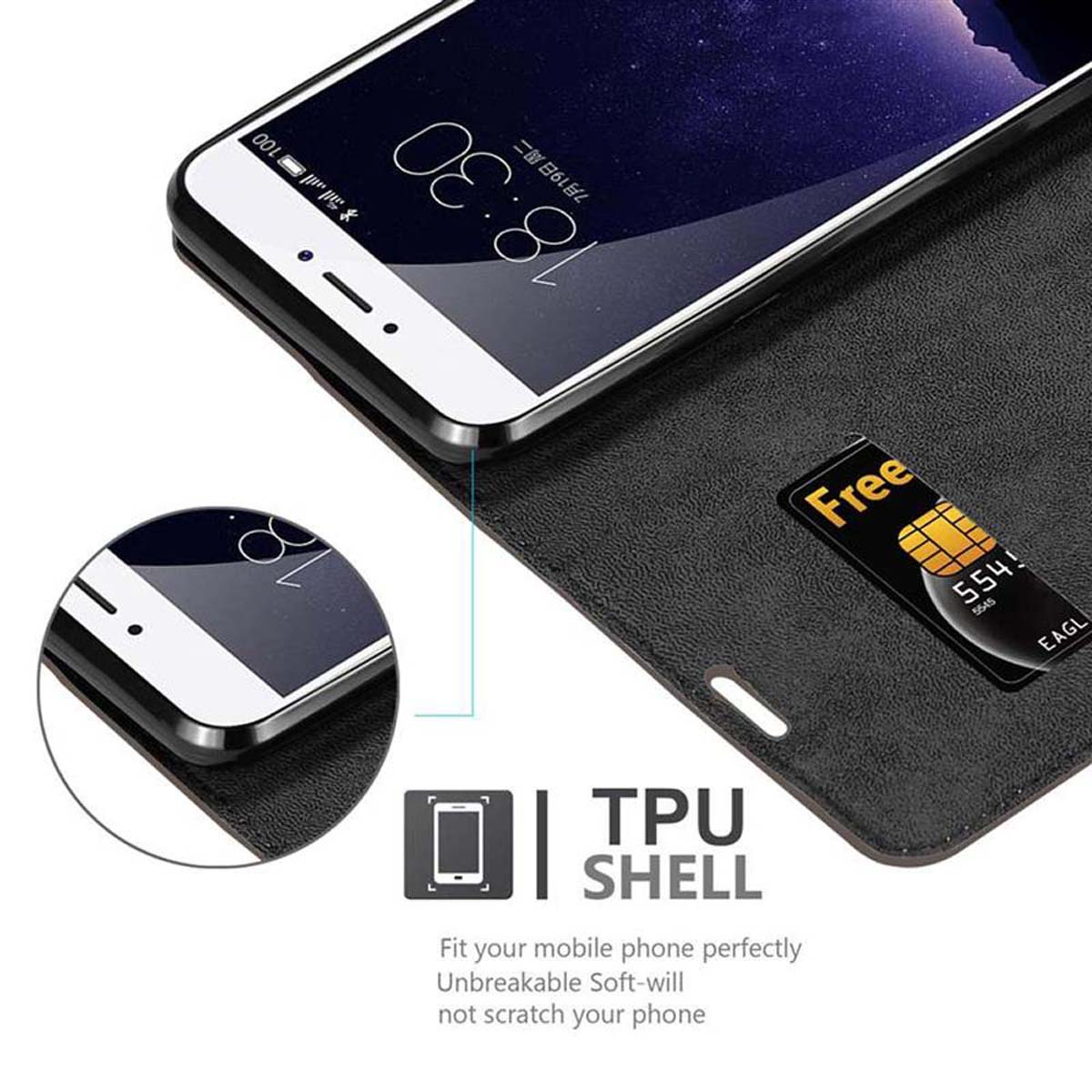 Telefon in einer Hülle mit der Uhrzeit 18:30. Die Hülle hat eine kostenlose SIM-Karte in einer Tasche.