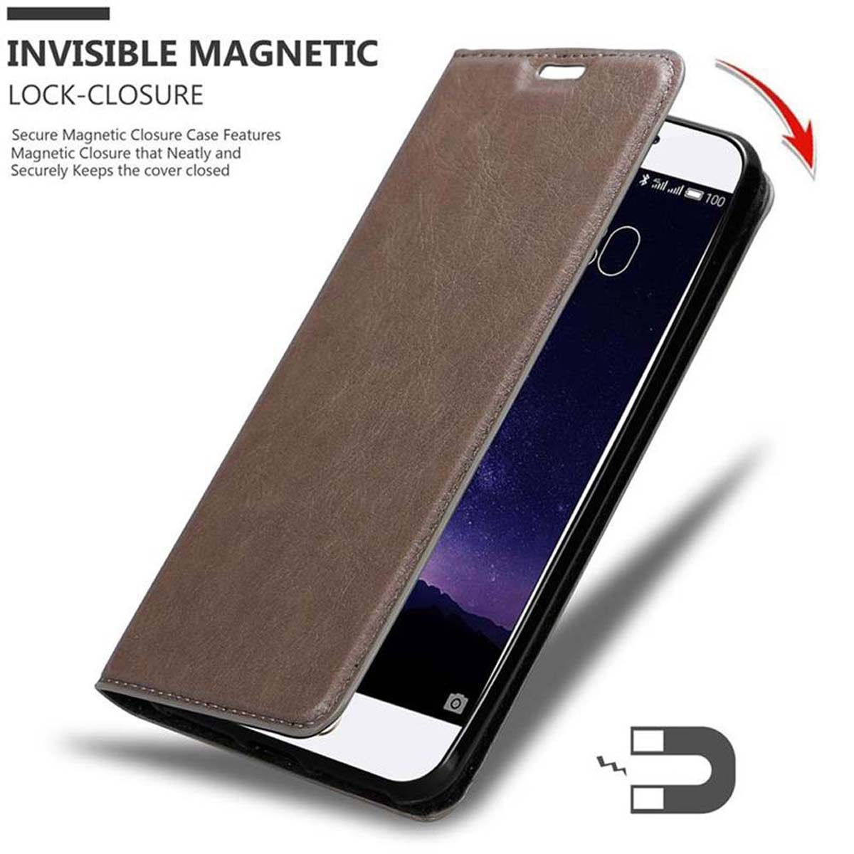 Geöffnete braune Leder-Handyhülle mit Telefon darin. Die Hülle hat einen Magnetverschluss.