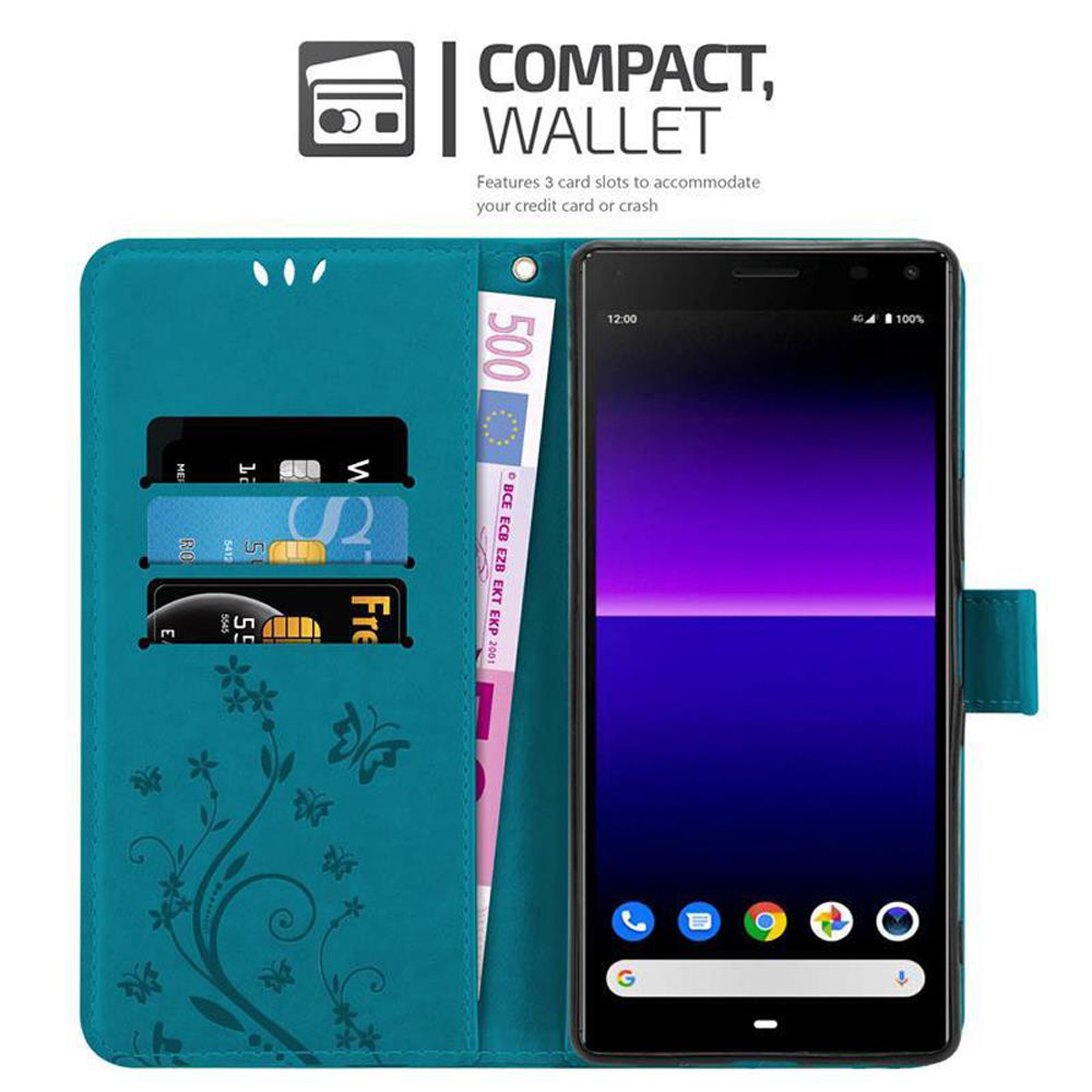 Custodia teal, aperta con carte e denaro all'interno. Telefono a destra.