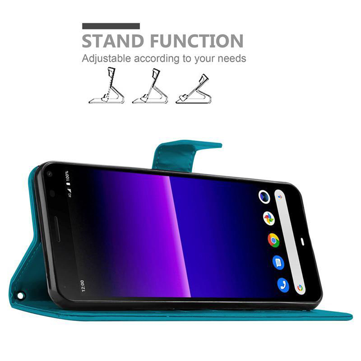 Un telefono in una custodia blu, con funzione stand e icone sullo schermo.