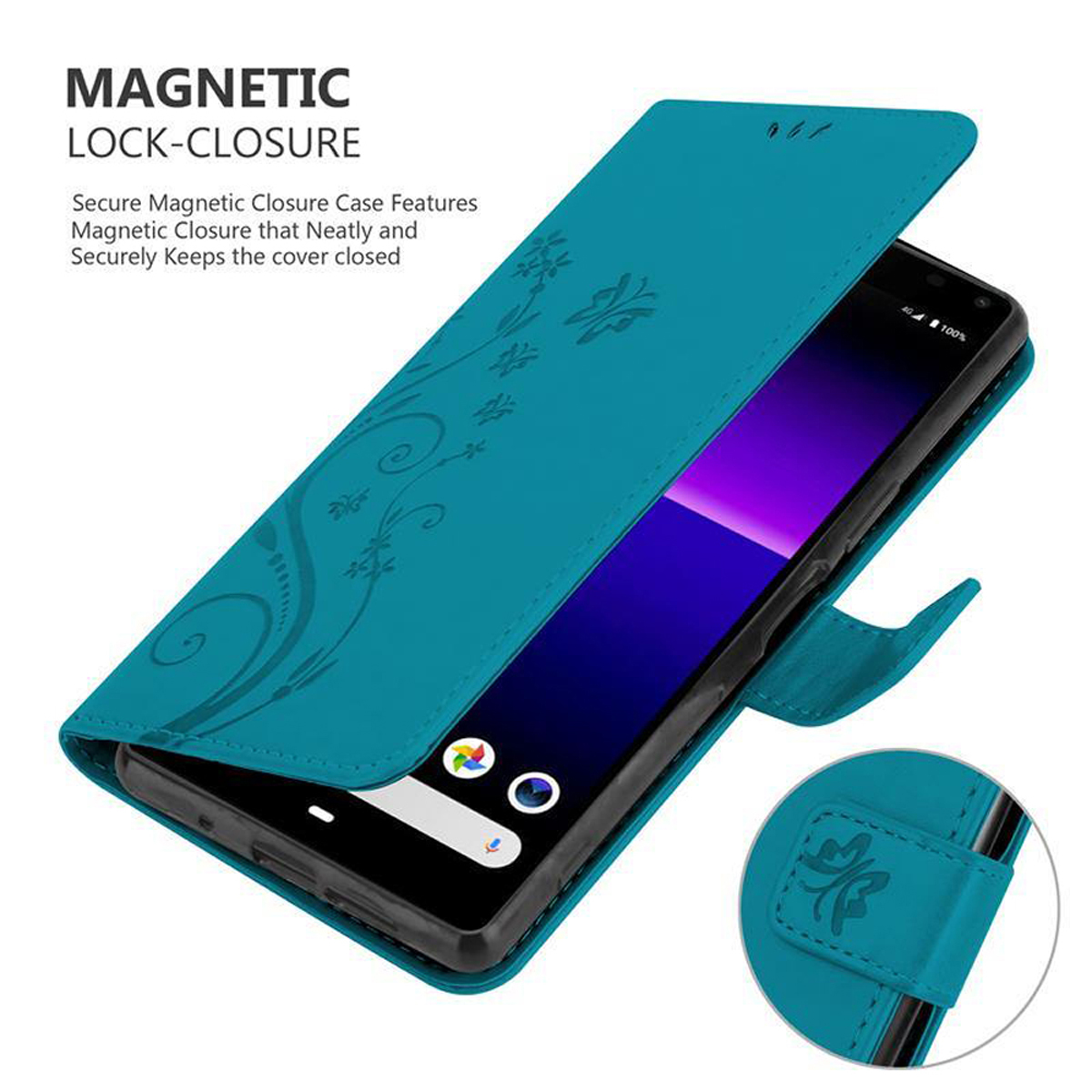 Custodia teal aperta, con telefono nero. Design floreale. Testo 'Chiusura magnetica'.