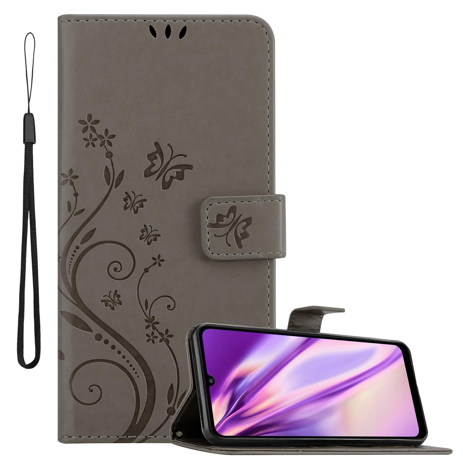 Custodia grigia per telefono con design a farfalla, aperta per rivelare il telefono. Include cinturino.