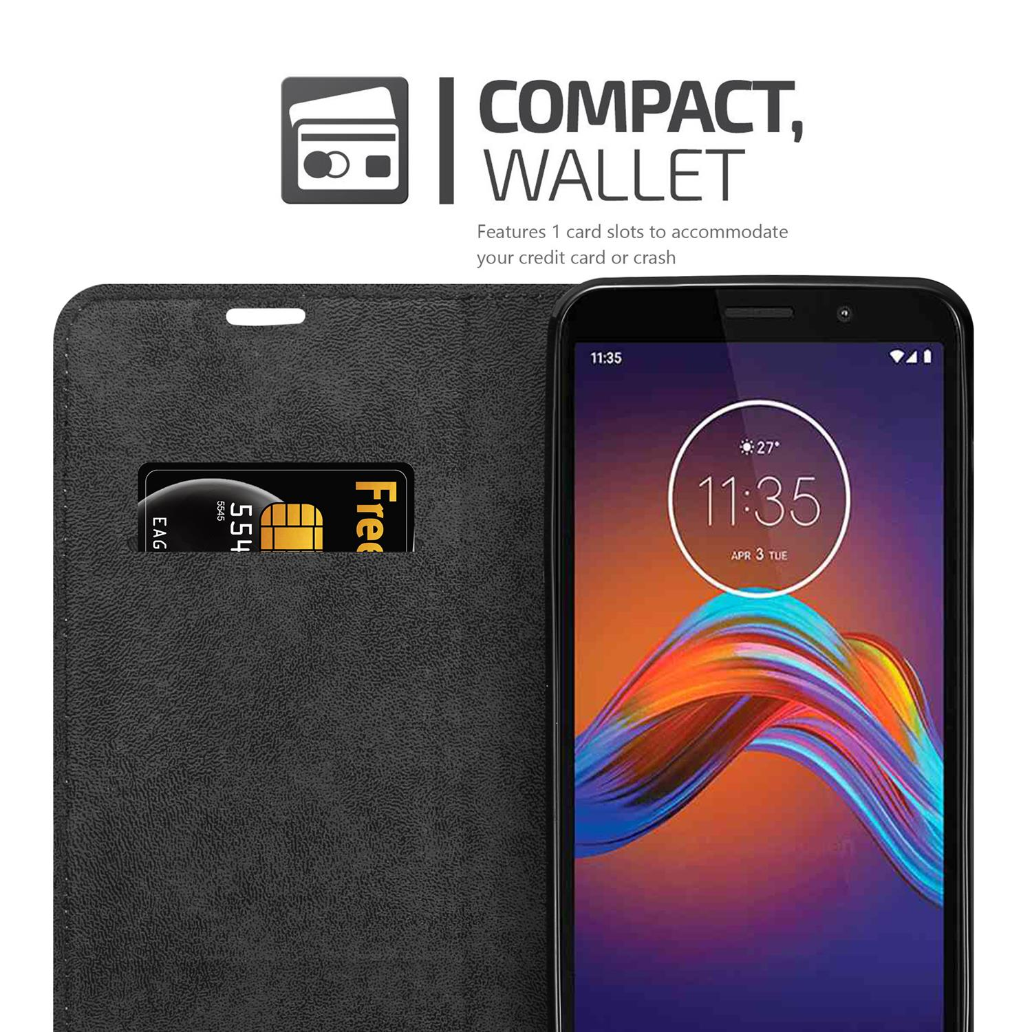 Schwarze Handyhülle offen, zeigt Telefon und Karte. Text: "COMPACT, WALLET".