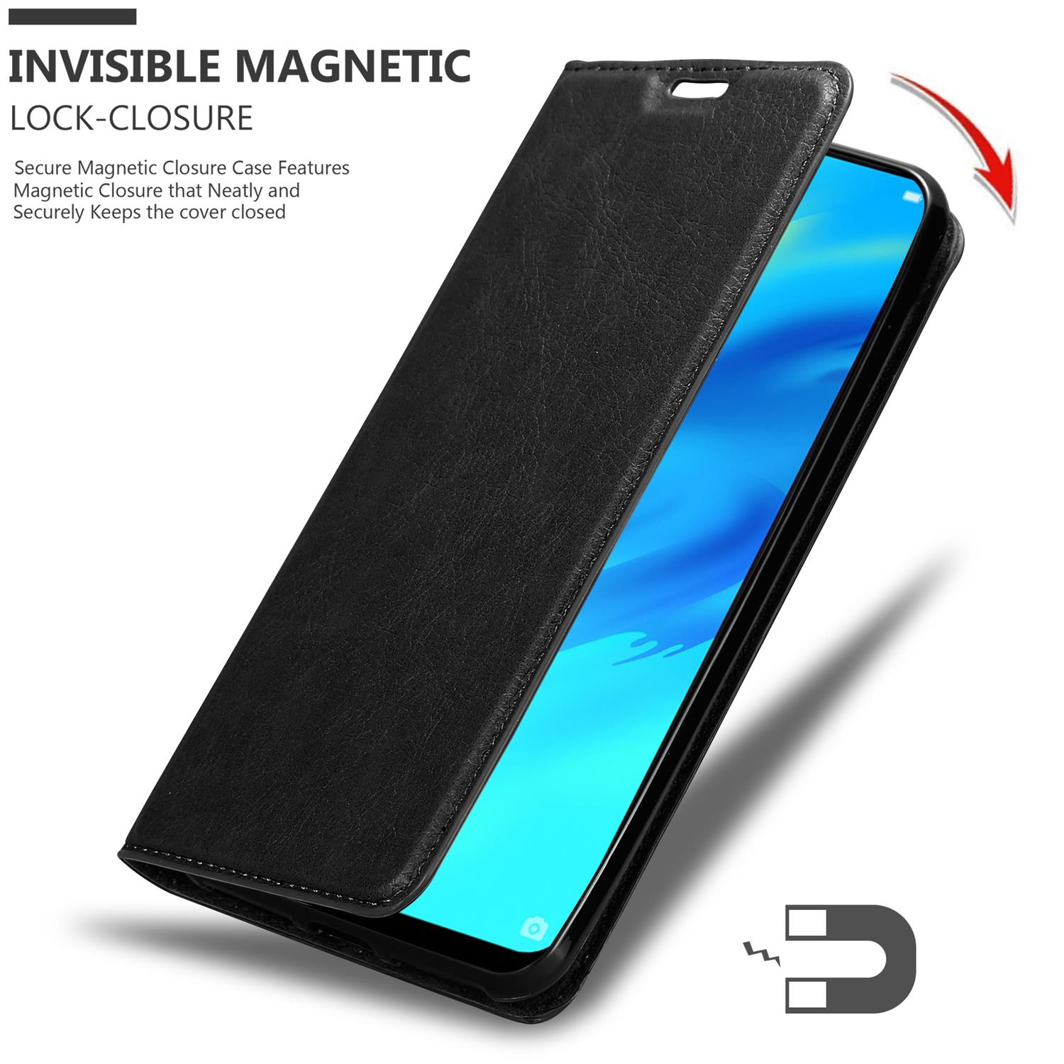 Custodia nera aperta, con telefono all'interno. Testo: Chiusura magnetica invisibile. Un segno magnetico è mostrato.