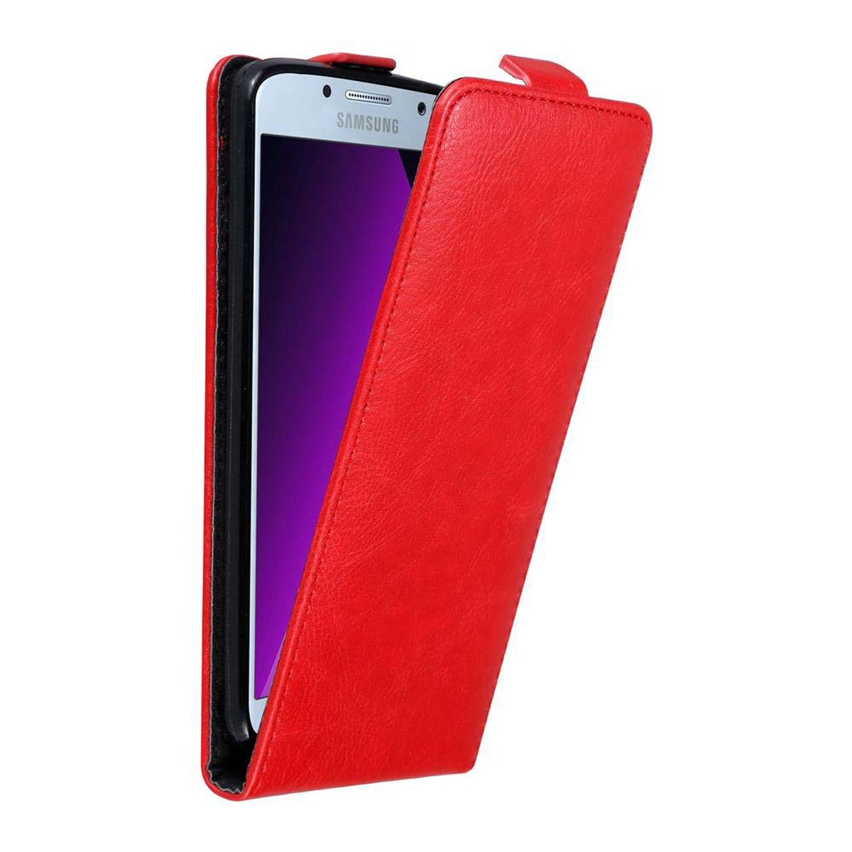Funda roja para teléfono con teléfono dentro. La funda está abierta, mostrando la pantalla.