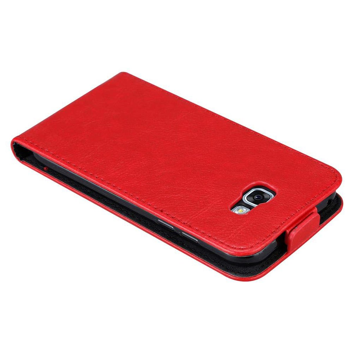 Funda de teléfono roja, abierta, con el teléfono dentro. Interior negro, la funda está sobre una superficie blanca.