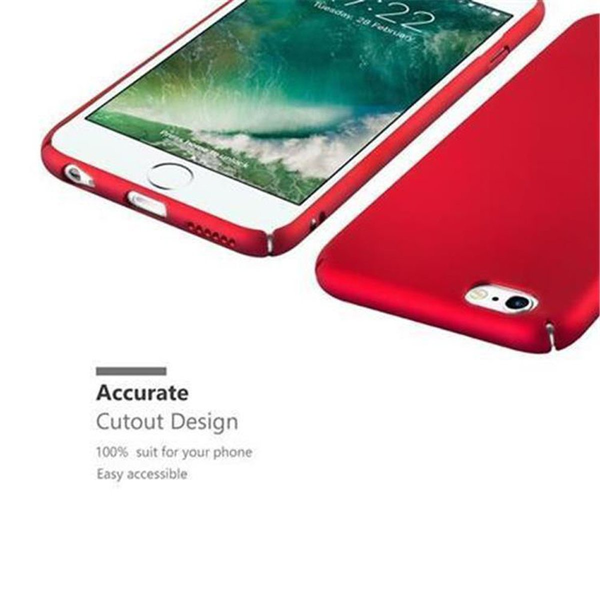 Rotes Telefon und rote Handyhülle. Das Telefon ist weiß und die Hülle rot. Text: Accurate Cutout Design.