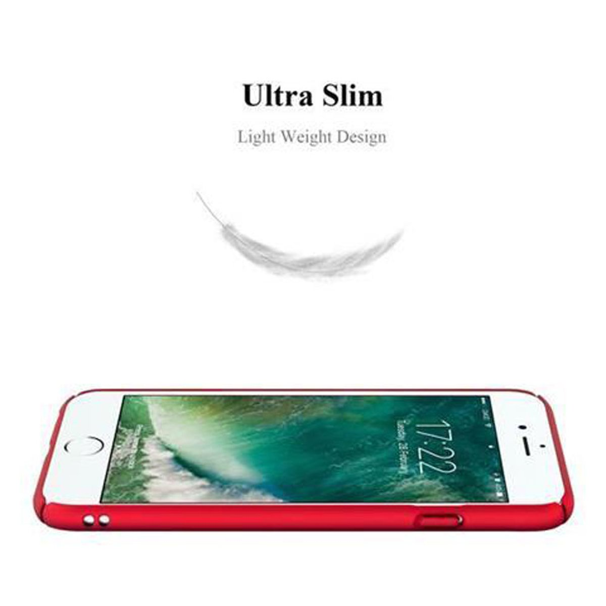 Rote Handyhülle mit Telefon, weißer Hintergrund mit Feder und Text.
