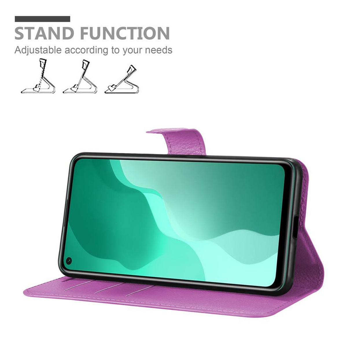 Custodia per telefono viola con telefono dentro, in posizione stand. Il testo dice funzione stand.