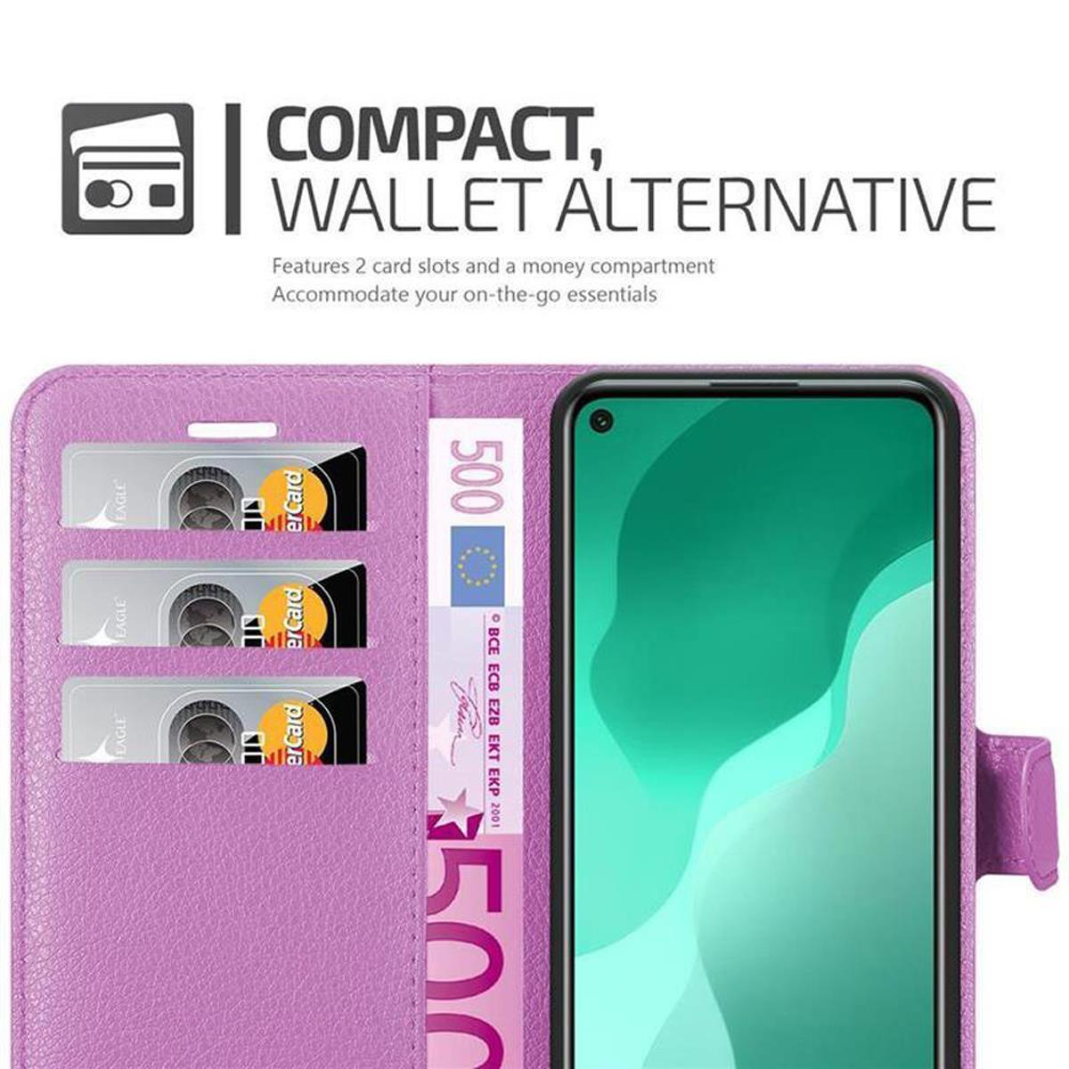 Custodia a portafoglio viola con telefono e denaro. Il portafoglio ha slot per carte. Il telefono mostra uno schermo verde.