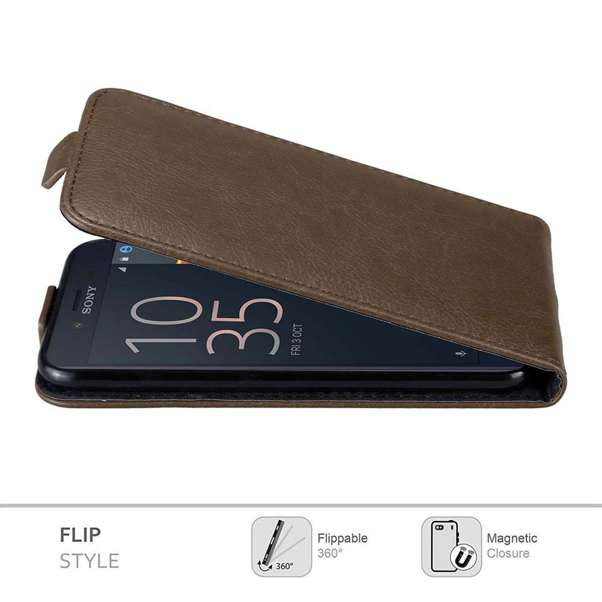 Braune Klapphandy-Hülle, offen, mit einem Telefon darin. Weißer Hintergrund, mit Klappsymbolen.