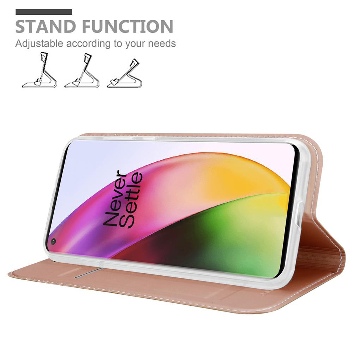 Telefono in custodia rosa, aperto per mostrare lo schermo. Lo schermo mostra un'interfaccia colorata, funzione stand.