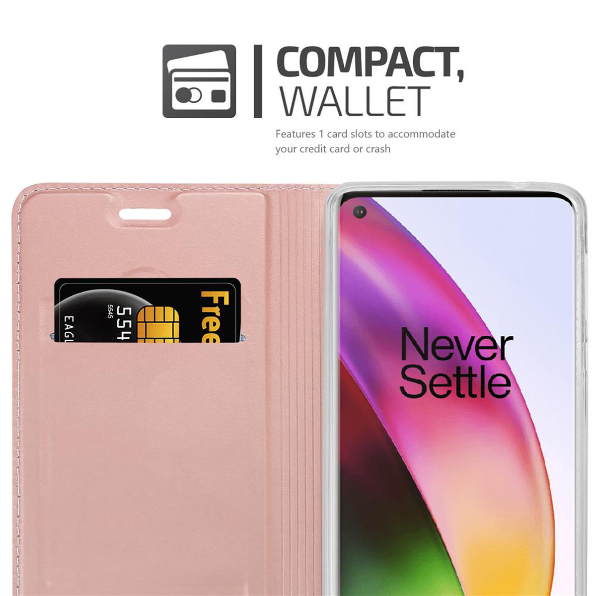 Custodia rosa per telefono. Carta e telefono all'interno della custodia. Testo: Portafoglio compatto con 1 slot per carte.