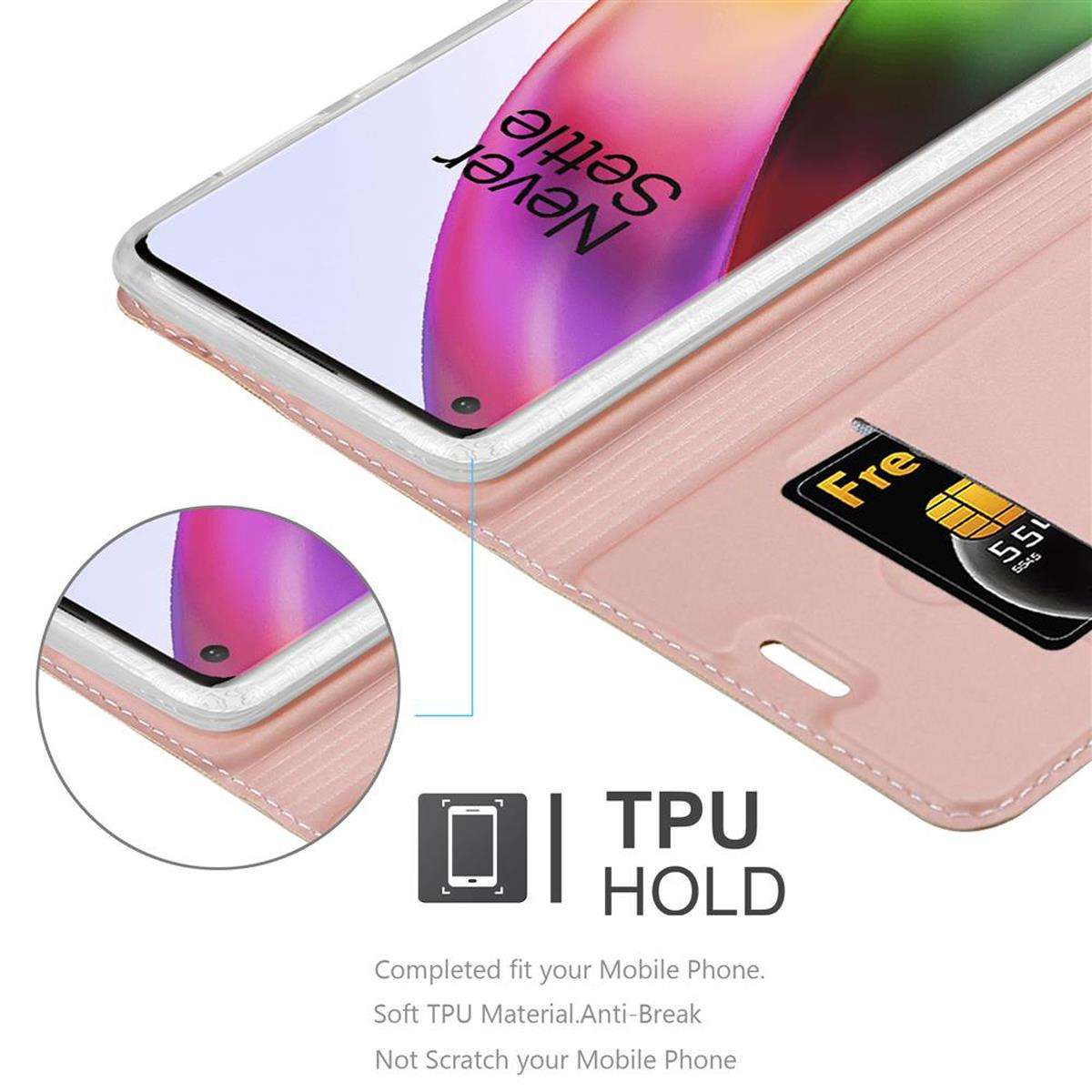 Custodia rosa aperta con telefono dentro, che mostra carta di credito e schermo.