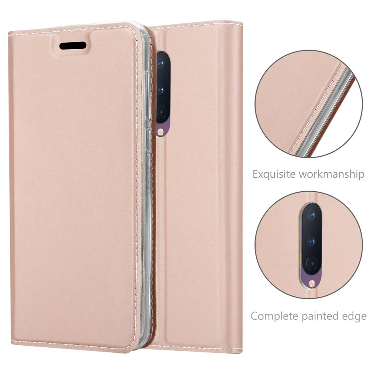 Custodia per telefono in pelle rosa con design aperto. I dettagli di lavorazione sono evidenziati.