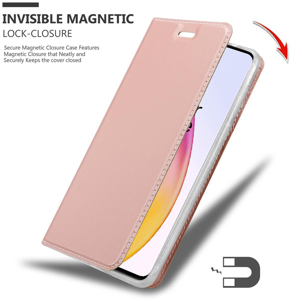 Custodia per telefono rosa, aperta. Con telefono all'interno, con chiusura magnetica e blocco.