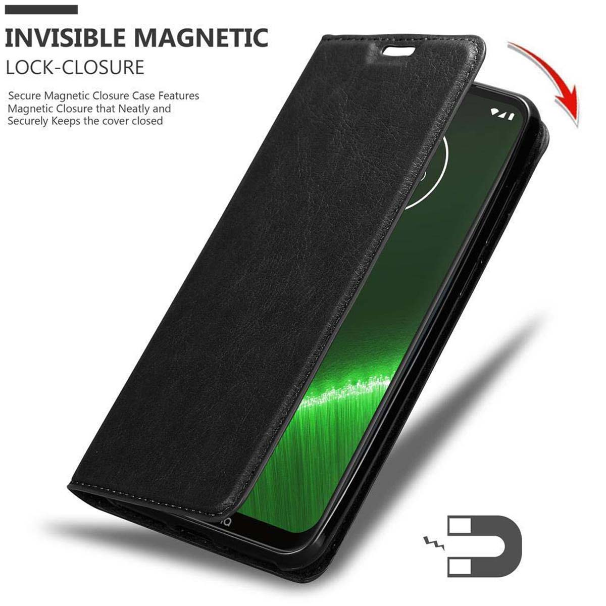 Custodia per telefono nera con telefono all'interno. La custodia è chiusa con chiusura magnetica.