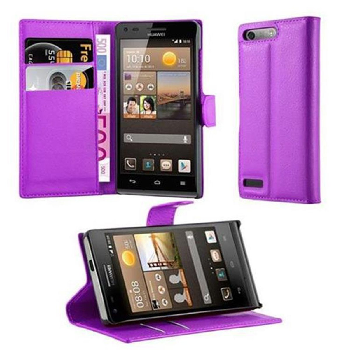Una funda de teléfono morada con una billetera y un teléfono visible, y otro teléfono abierto en un soporte.