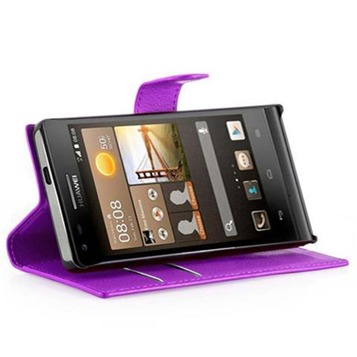 Funda de teléfono morada con teléfono dentro. La pantalla muestra reloj e iconos.