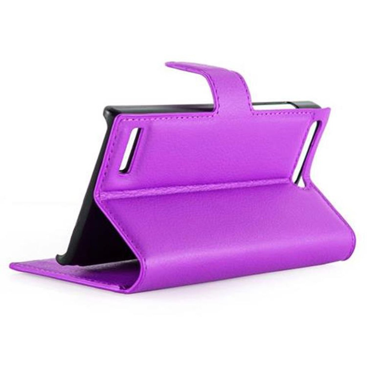 Funda de teléfono morada, plegada para mantener el teléfono en posición vertical, abierta e inclinada hacia el espectador.