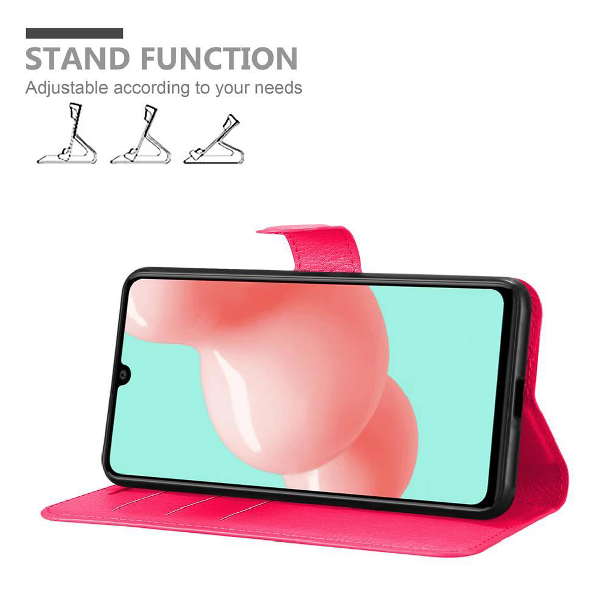 Rosa Handyhülle mit Ständerfunktion. Telefon in der Hülle zeigt rosa abstraktes Design auf dem Bildschirm.