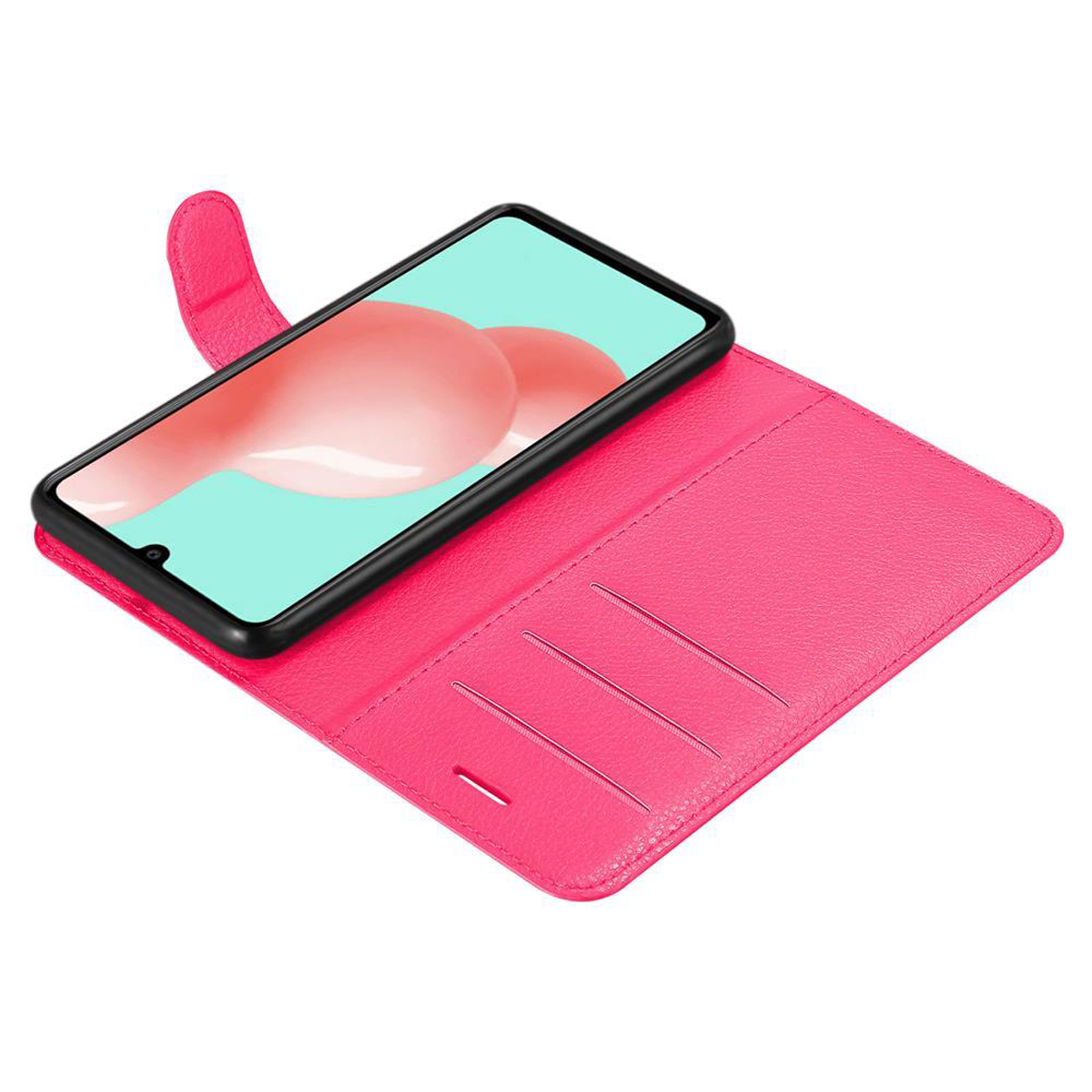 Rosa Handyhülle mit Handy, geöffnet. Handy zeigt ein rosa-weißes Bild. Hintergrund ist weiß.