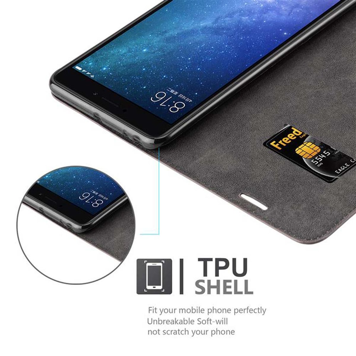 Telefono in una custodia a portafoglio, che mostra l'ora e una carta di credito, con guscio in TPU.