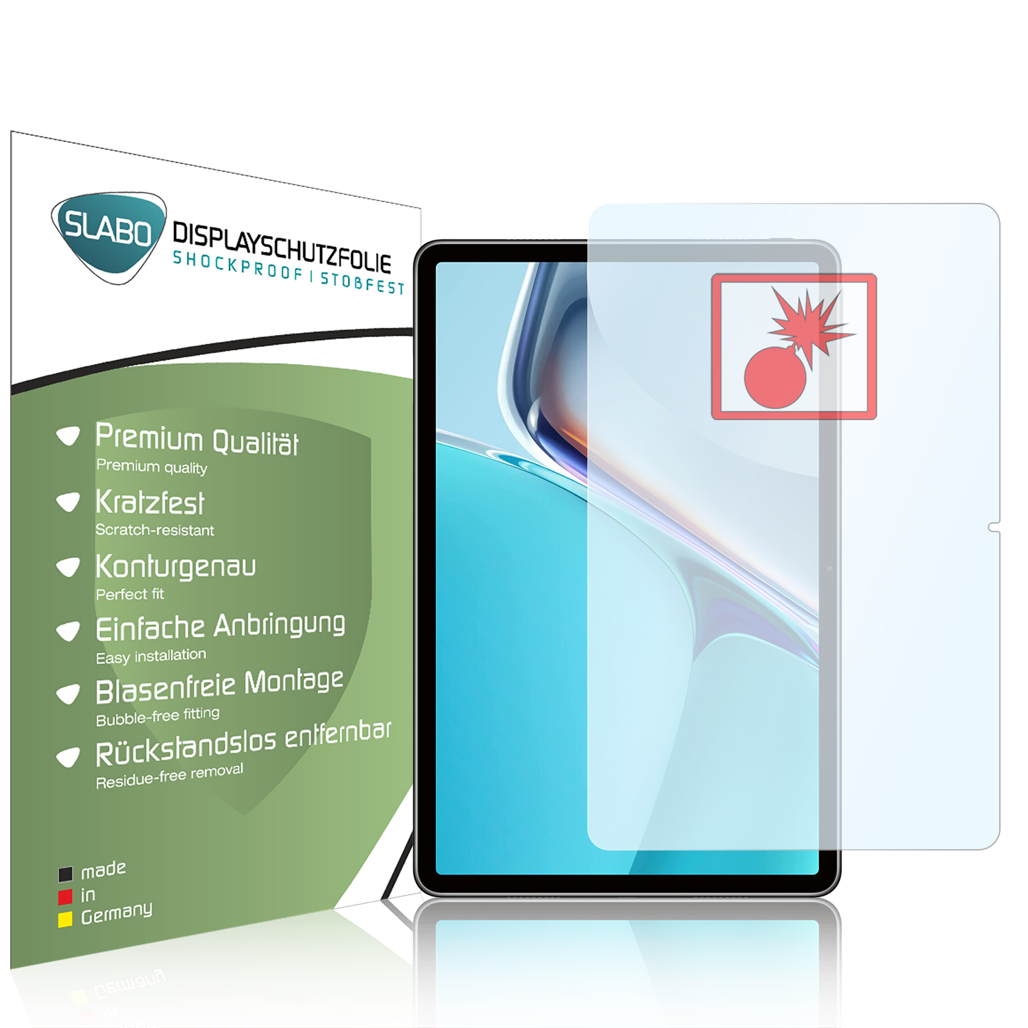 Ein Displayschutz mit einem Tablet dahinter und Text an der Seite.