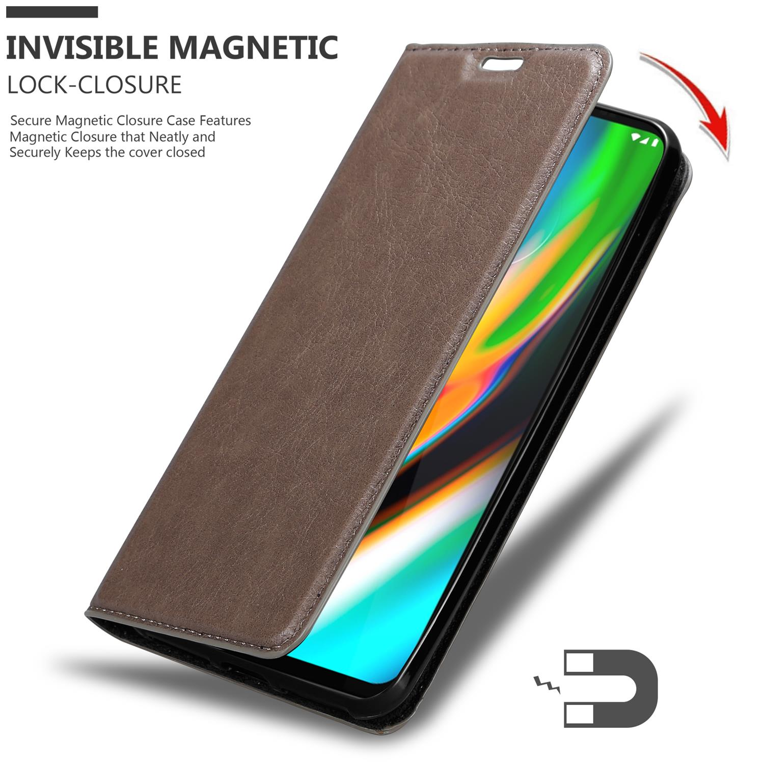 Telefono in custodia marrone, coperchio aperto, che mostra schermo e chiusura magnetica.