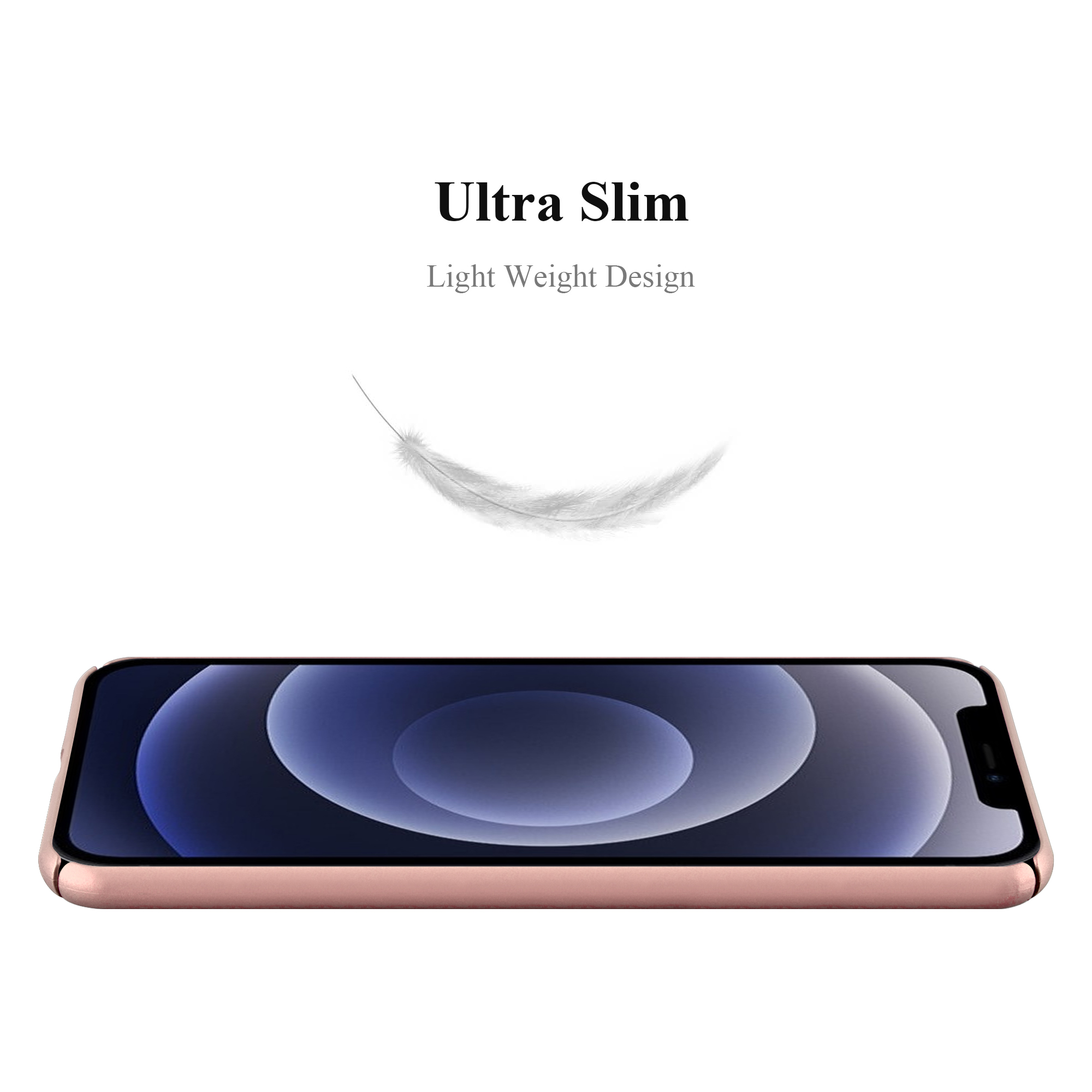 Roségoldene Handyhülle mit Telefon, eine Feder schwebt darüber. Text 'Ultra Slim'.