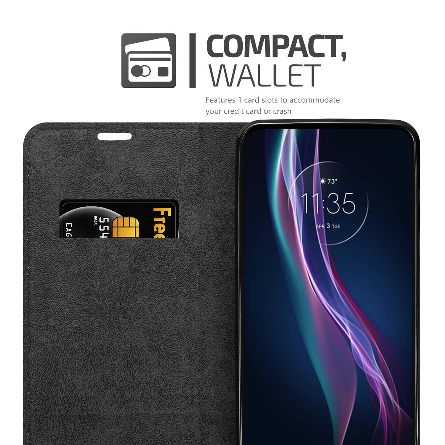 Custodia nera con slot per carte e schermo del telefono che mostra l'ora. Testo: Portafoglio compatto. 1 slot.