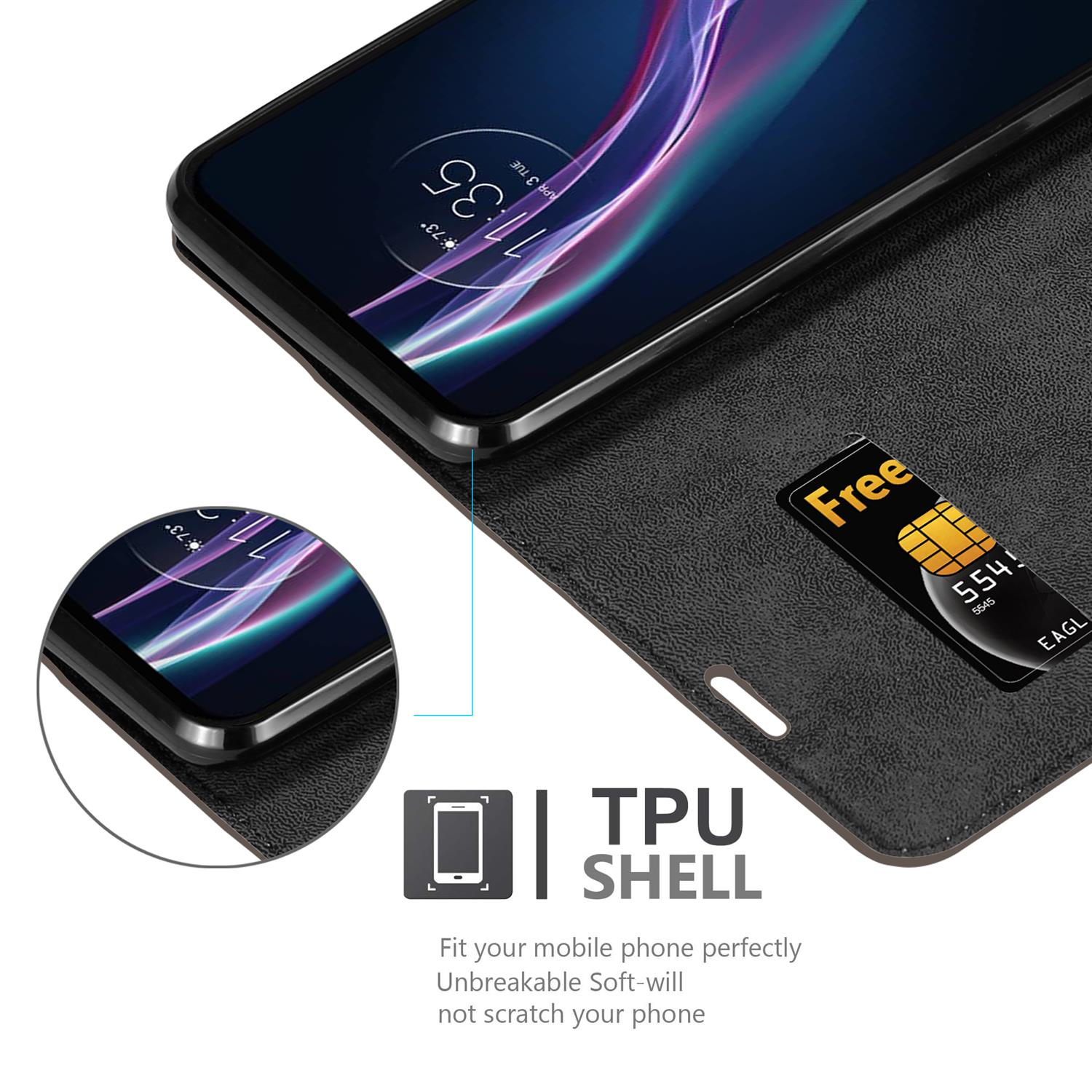 Telefono in custodia con slot per schede. Lo schermo del telefono mostra l'ora. Testo TPU shell sotto.