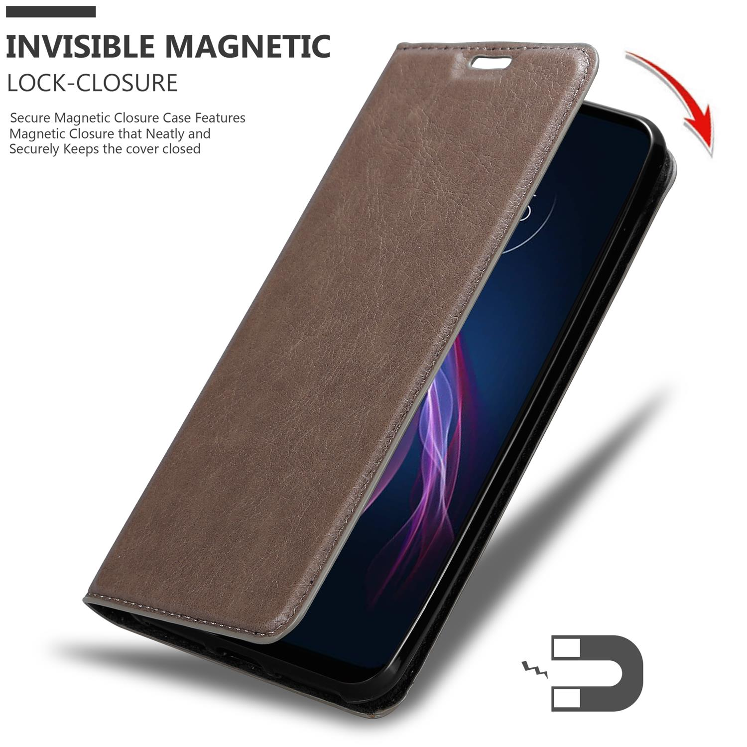 Custodia marrone con chiusura magnetica e display del telefono aperto.