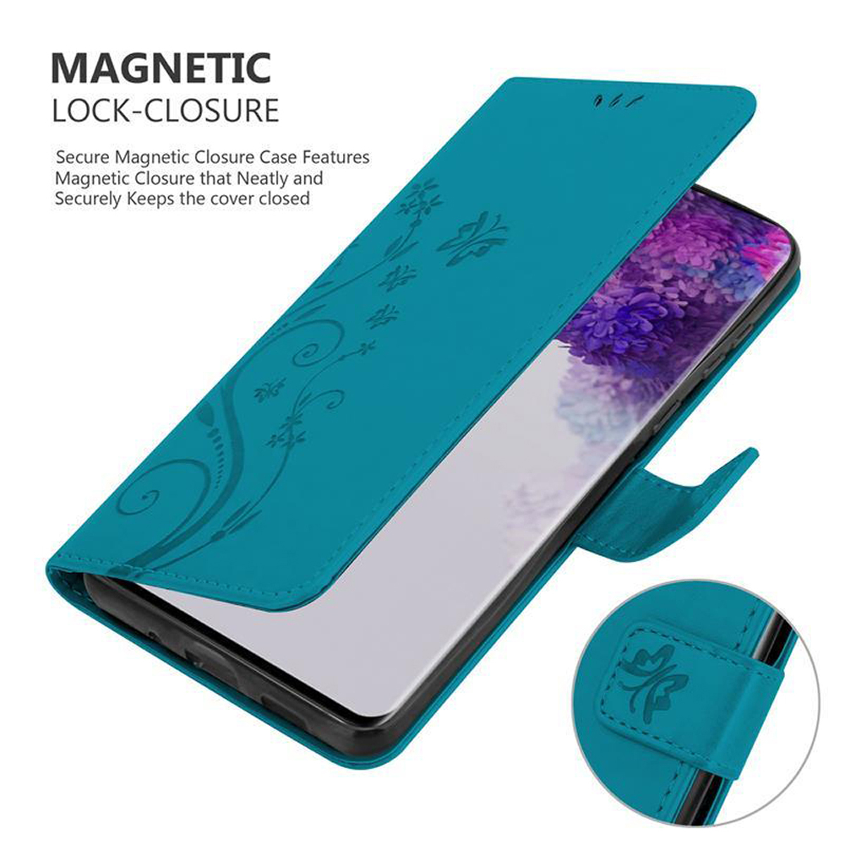 Türkisfarbene Handyhülle, offen, mit Blumendesign. Telefon zeigt lila Blumenbild. Magnetverschluss.