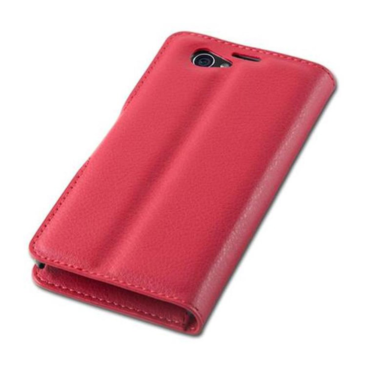 Custodia per telefono rossa chiusa. La custodia è in pelle o materiale simile, su una superficie bianca.