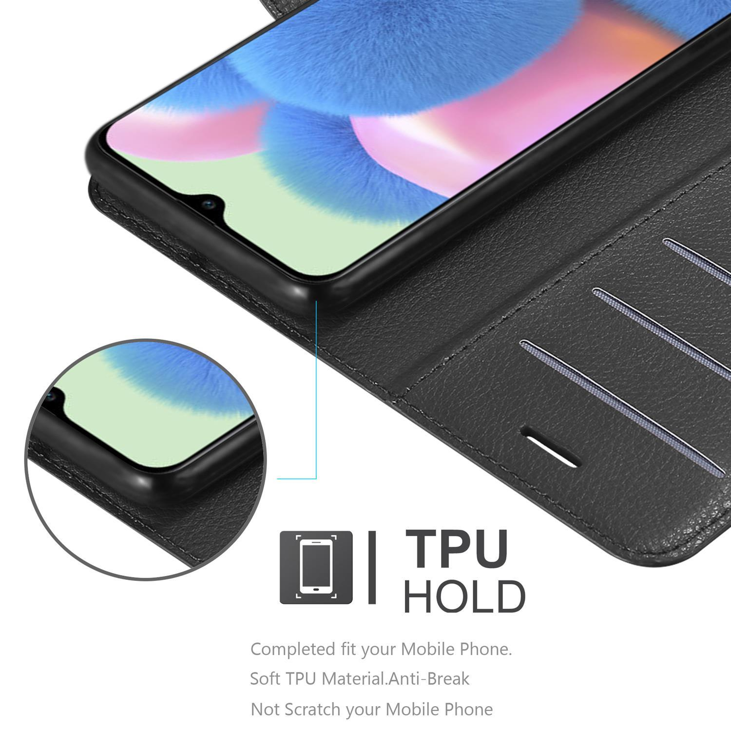 Custodia nera per telefono, aperta per mostrare un telefono, con un primo piano dei dettagli.