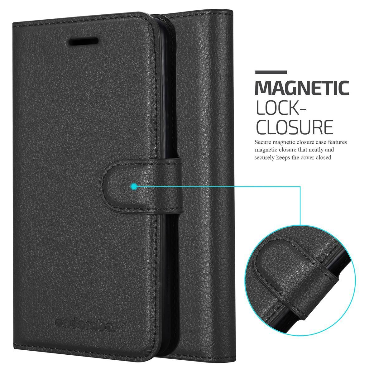Custodia nera per telefono con chiusura magnetica. Testo: 'Magnetic Lock-Closure'. Dettaglio chiusura.